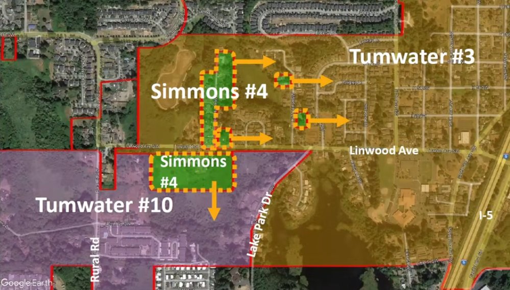 The Simmons 4 precinct would be split into Tumwater 3 and Tumwater 10, with Linwood Avenue marking the division.